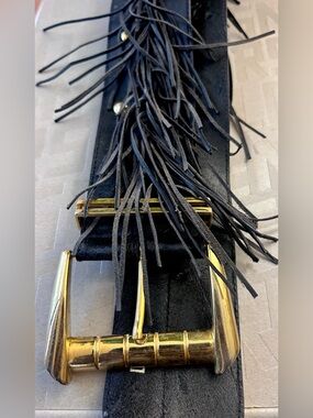 Vintage Sak’s Fifth Avenue Fringed Black Suede Women's Belt with Gold Buckle